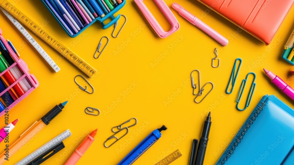 Wall mural A colorful arrangement of stationery items on a bright yellow background.