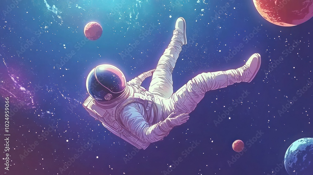Poster an astronaut floats in space surrounded by colorful planets and cosmic elements.