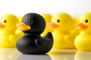 A black rubber duck stands out in a row of identical yellow ducks on a white reflective surface, with soft lighting and a gradient background, symbolizing individuality.
