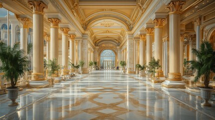 Fototapeta premium Elegant hall with grand columns and marble flooring.