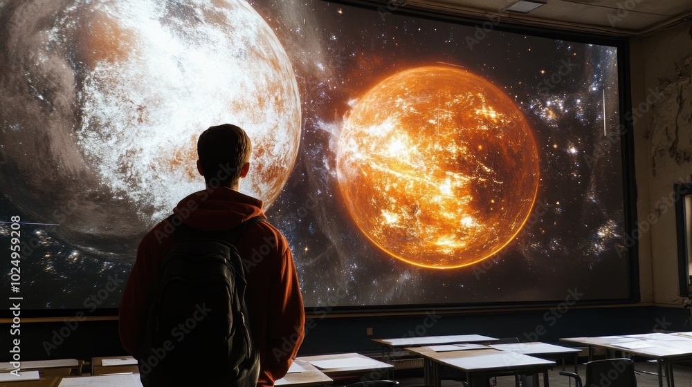 Poster a student gazes at a cosmic display of planets and stars in a classroom setting.