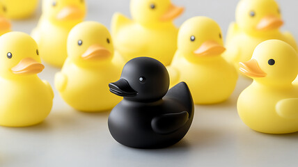 Yellow Rubber Ducks with Black Duck in Center
