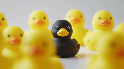 Yellow Rubber Ducks with Black Duck in Center
