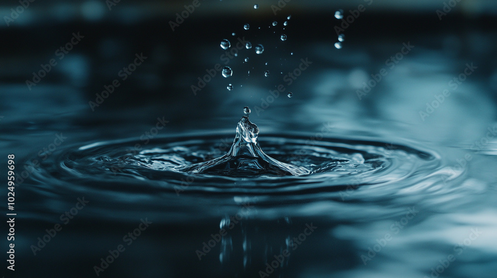 Poster a close-up of water droplets splashing into a calm surface in a dimly lit setting