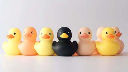 Studio shot of yellow rubber ducks surrounding a single black duck in the center, set against a gradient background from white to grey, symbolizing uniqueness.
