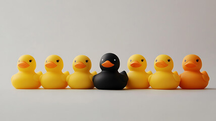 Studio shot of yellow rubber ducks surrounding a single black duck in the center, set against a gradient background from white to grey, symbolizing uniqueness.

