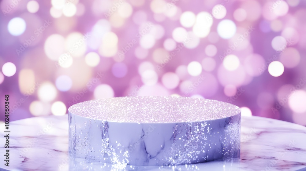 Poster a sparkling circular display on a marble surface with a dreamy purple bokeh background.