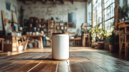 White can with wooden lid on a wooden table in an industrial setting.