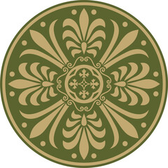 Vector gold with green classic Greek round ornament. Circle of Ancient Greece and the Roman Empire. Byzantine painting of walls, floors and ceilings. Decoration of European palaces
