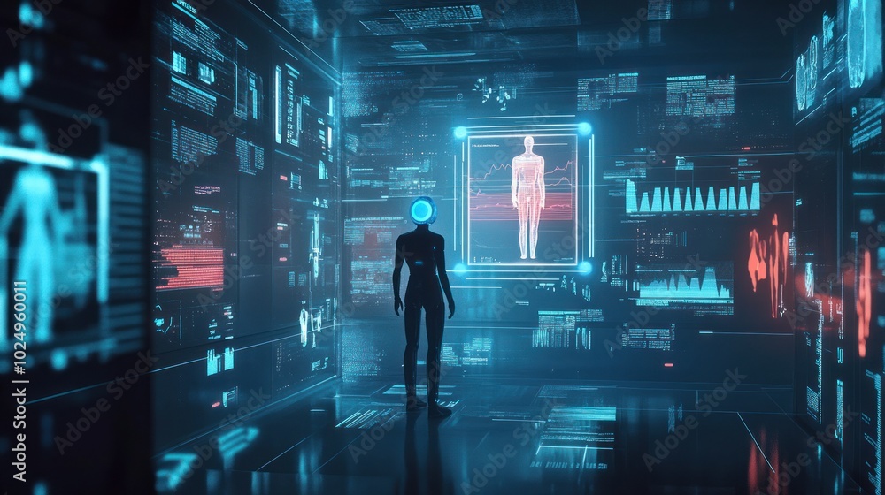 Poster a futuristic scene depicting a humanoid figure in a high-tech environment analyzing data.