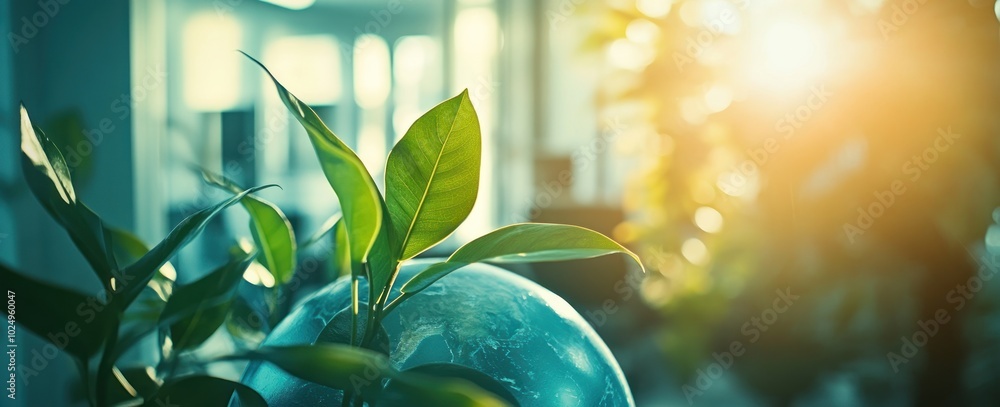 Canvas Prints A close-up of a globe surrounded by green plants, illuminated by warm sunlight.