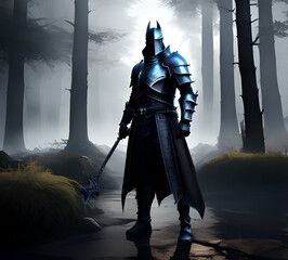 Obraz premium Knight warrior in steel armor middle ages dark staging.generative ai