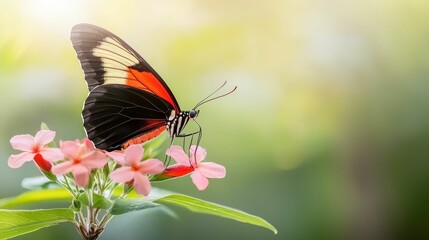 Fototapeta premium Butterfly perched on a flower, its colorful wings spread wide in the sunlight