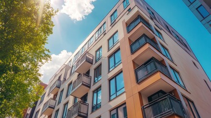 Modern apartment building with balconies under a bright sky and lush greenery.