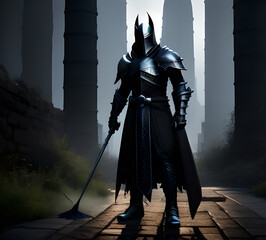 Obraz premium Knight warrior in steel armor middle ages dark staging.generative ai
