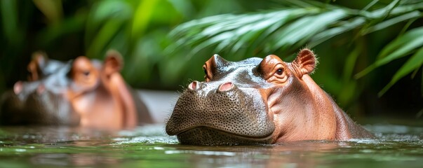 A group of hippos lounging in the water, surrounded by lush greenery