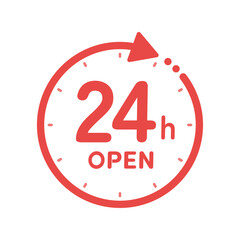24h OPEN の文字と回転する矢印が付いた時計のアイコン - シンプルな24時間営業のサインデザインの素材