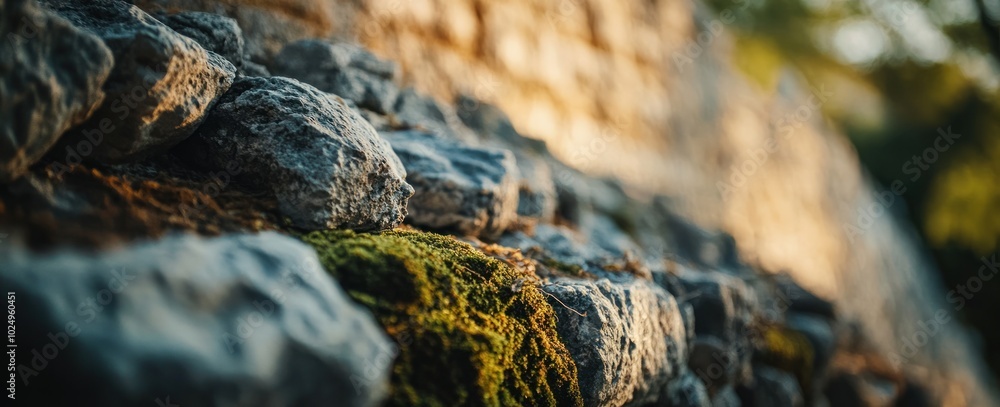 Wall mural A close-up of moss-covered stones in natural light, highlighting texture and detail.