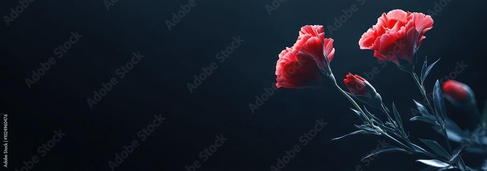 Poster A close-up of vibrant red flowers against a dark background, evoking beauty and elegance.