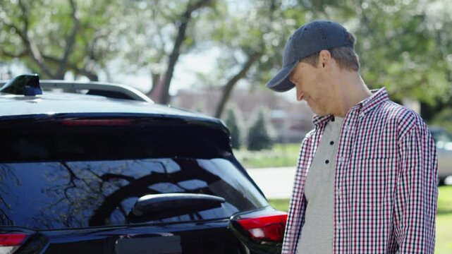 A father high fives his daughter who is driving off to college