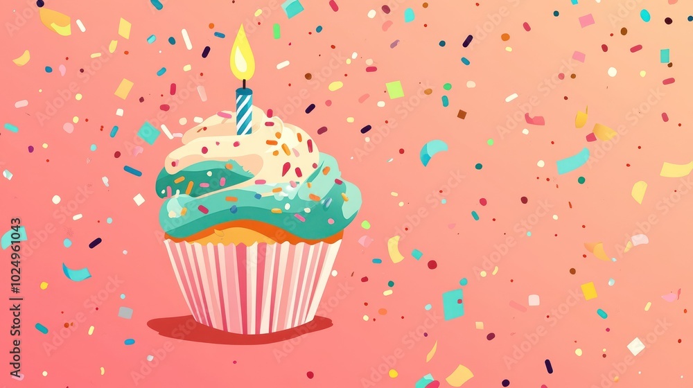 Canvas Prints A colorful cupcake with a candle, surrounded by festive confetti on a pink background.