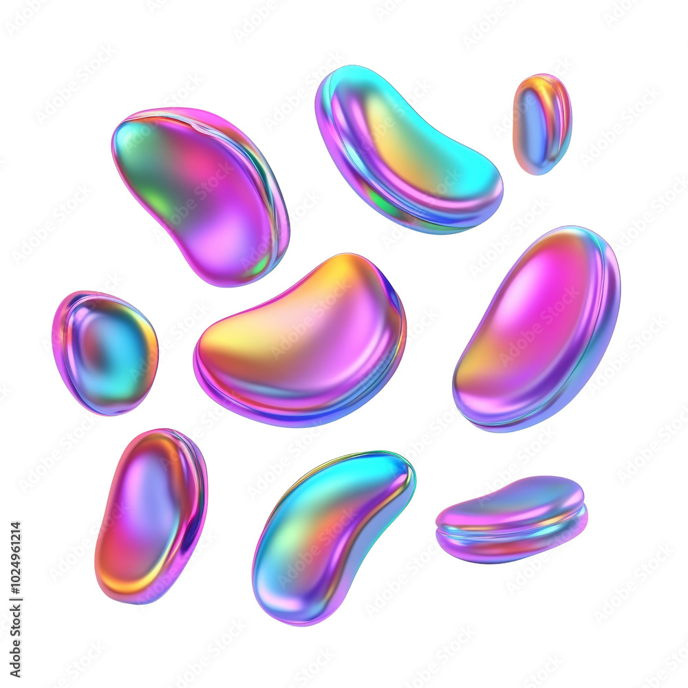 Poster set of abstract freeform shapes fluid holographic iridescent 3d render icon isolated on transparent 