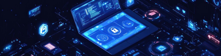 A futuristic laptop surrounded by digital elements, emphasizing cybersecurity and technology.
