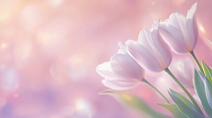 Fototapeta premium A soft-focus image of delicate pink tulips against a dreamy pastel background.