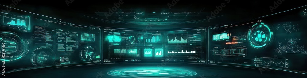 Poster futuristic control room with data visualizations and holographic displays.