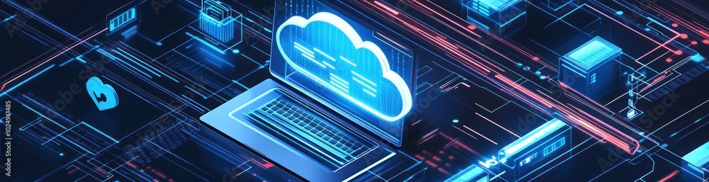 Aufkleber digital illustration of a cloud computing concept with a laptop and data connections.