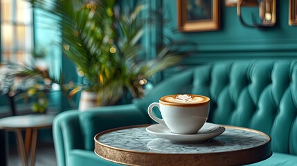 Latte Art Coffee Cup on Marble Table in Teal Cafe Interior