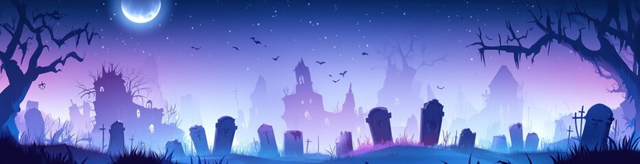 Fototapeta premium A spooky, twilight scene featuring a graveyard with tombstones, trees, and a haunted castle.