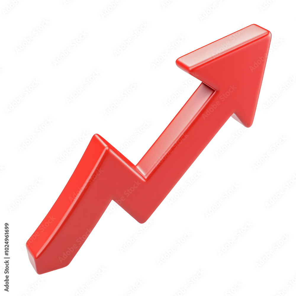 Poster rising red arrow 3d render icon isolated on transparent background cutout