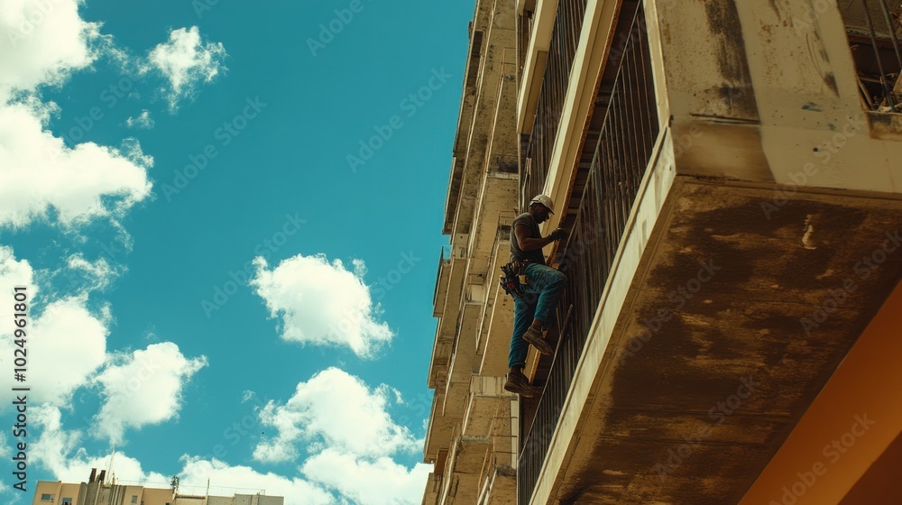 Wall mural A worker climbs a building for maintenance, showcasing urban labor and safety practices.