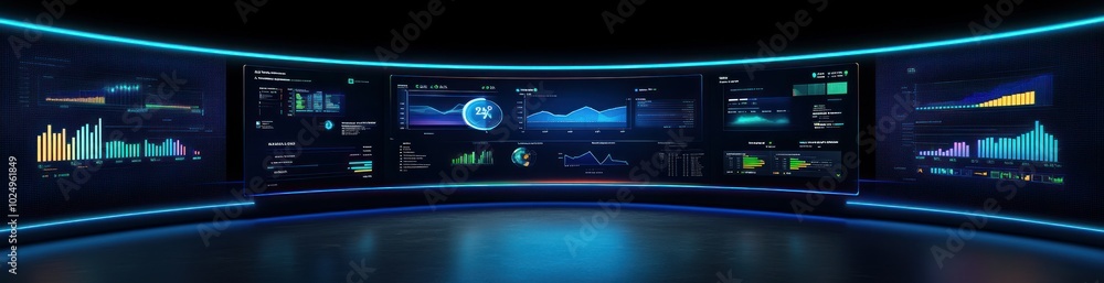 Poster A futuristic data visualization dashboard displaying various analytics and metrics.