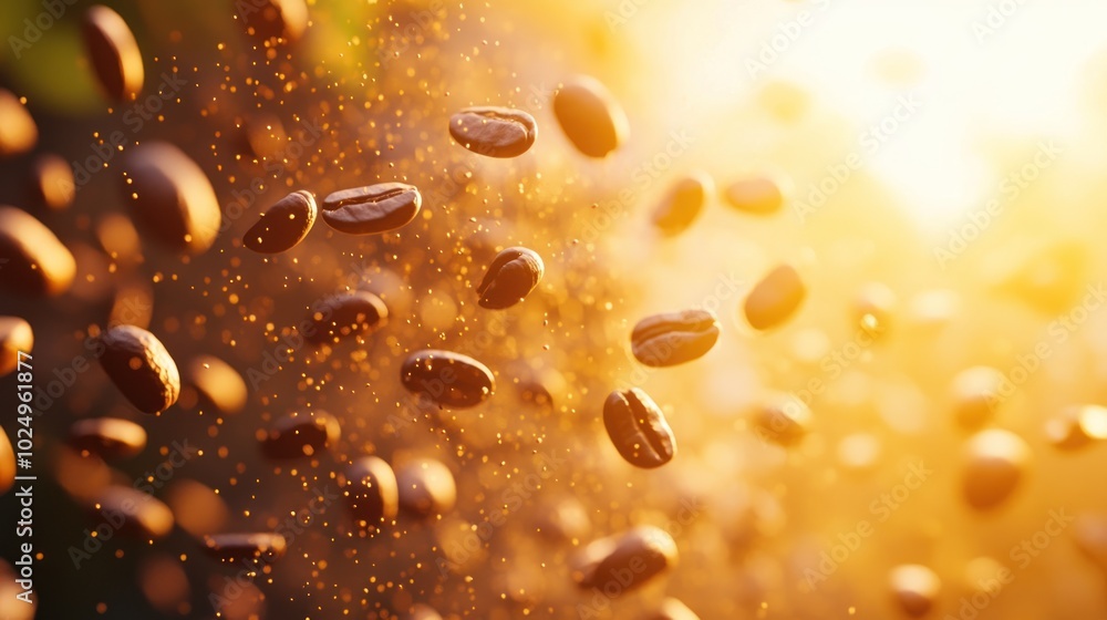 Sticker Floating coffee beans illuminated by sunlight, creating a dynamic and vibrant atmosphere.