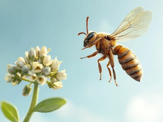 Hornet in mid-flight, approaching a flower, ready to collect nectar