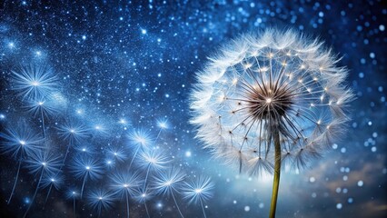 Starry night sky with dandelion seeds covered in dew