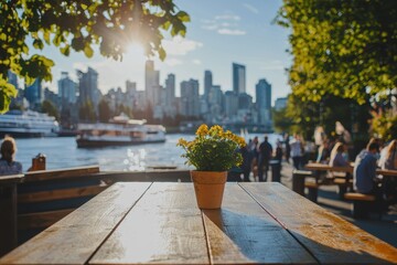 Obraz premium Scenic View from Rustic Wooden Table by the Water