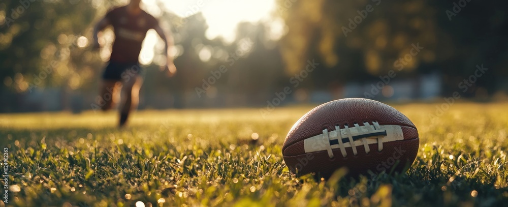 Poster a football on the grass with a player running in the background during a game.