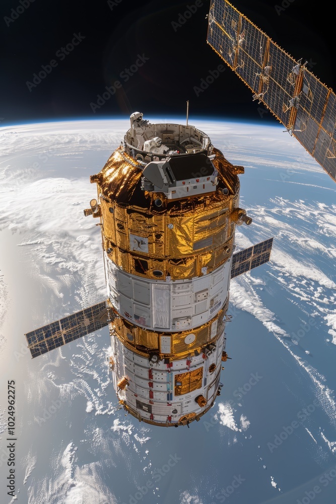 Poster multi-module space station, orbits planet earth high above the clouds from unique perspective