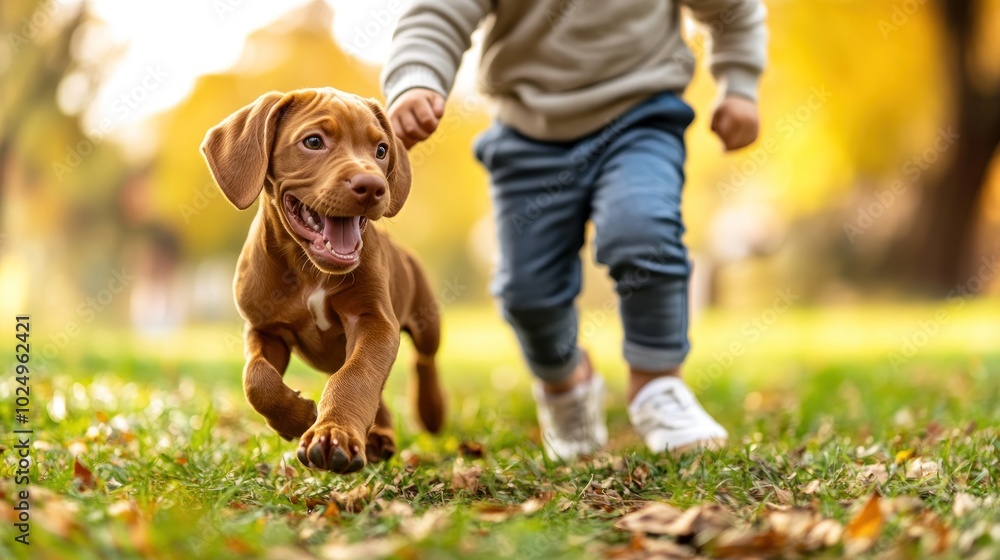 Poster A joyful puppy runs alongside a child in a vibrant park during autumn.