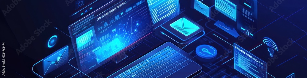 Poster a digital workspace featuring screens and data visualizations in a blue-toned design.
