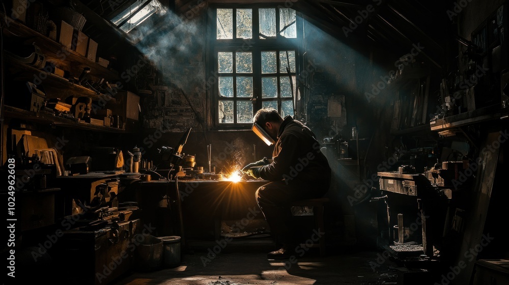 Poster a blacksmith working in a dimly lit workshop, creating sparks and metalwork.