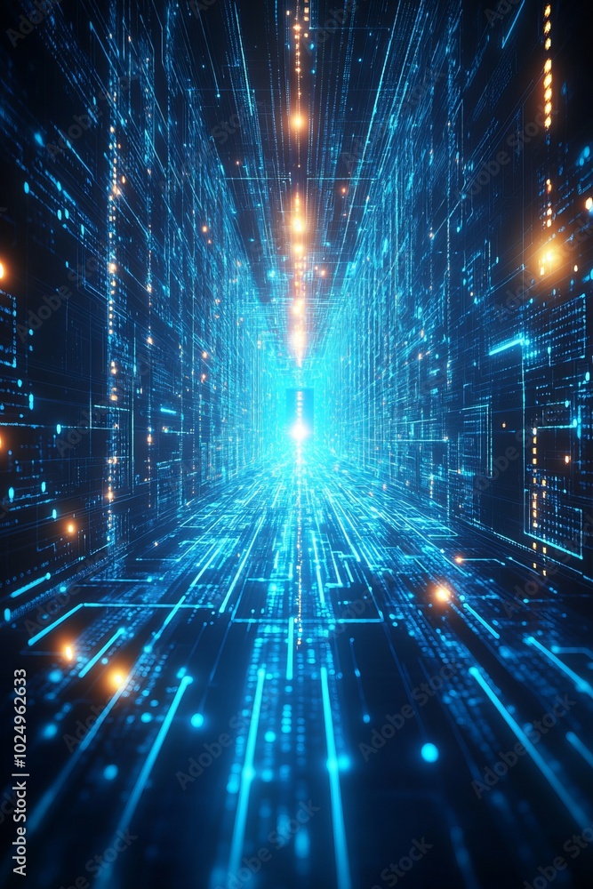 Aufkleber abstract futuristic digital technology cyber space tunnel with glowing light stre aks.3d rendering