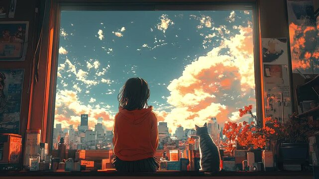 A girl and her cat sit together on a windowsill, gazing up at the sky, animation in a retro anime style.