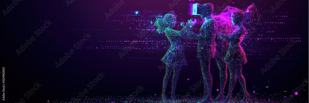 Poster a digital artwork depicting abstract figures interacting with data streams.