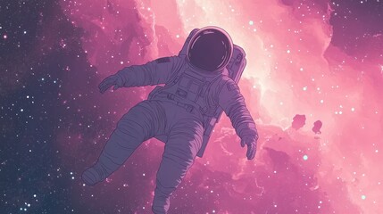 An astronaut floats through a vibrant, cosmic nebula filled with stars and ethereal colors.