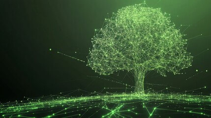 Glowing Green Polygonal Tree on a Dark Background, Sustainable Technology and Nature Concept.