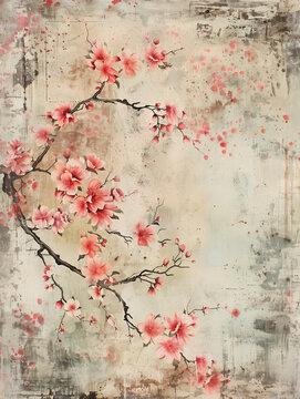  Vintage  art piece, capturing the elegance of soft pink and red tones on a time-worn canvas,